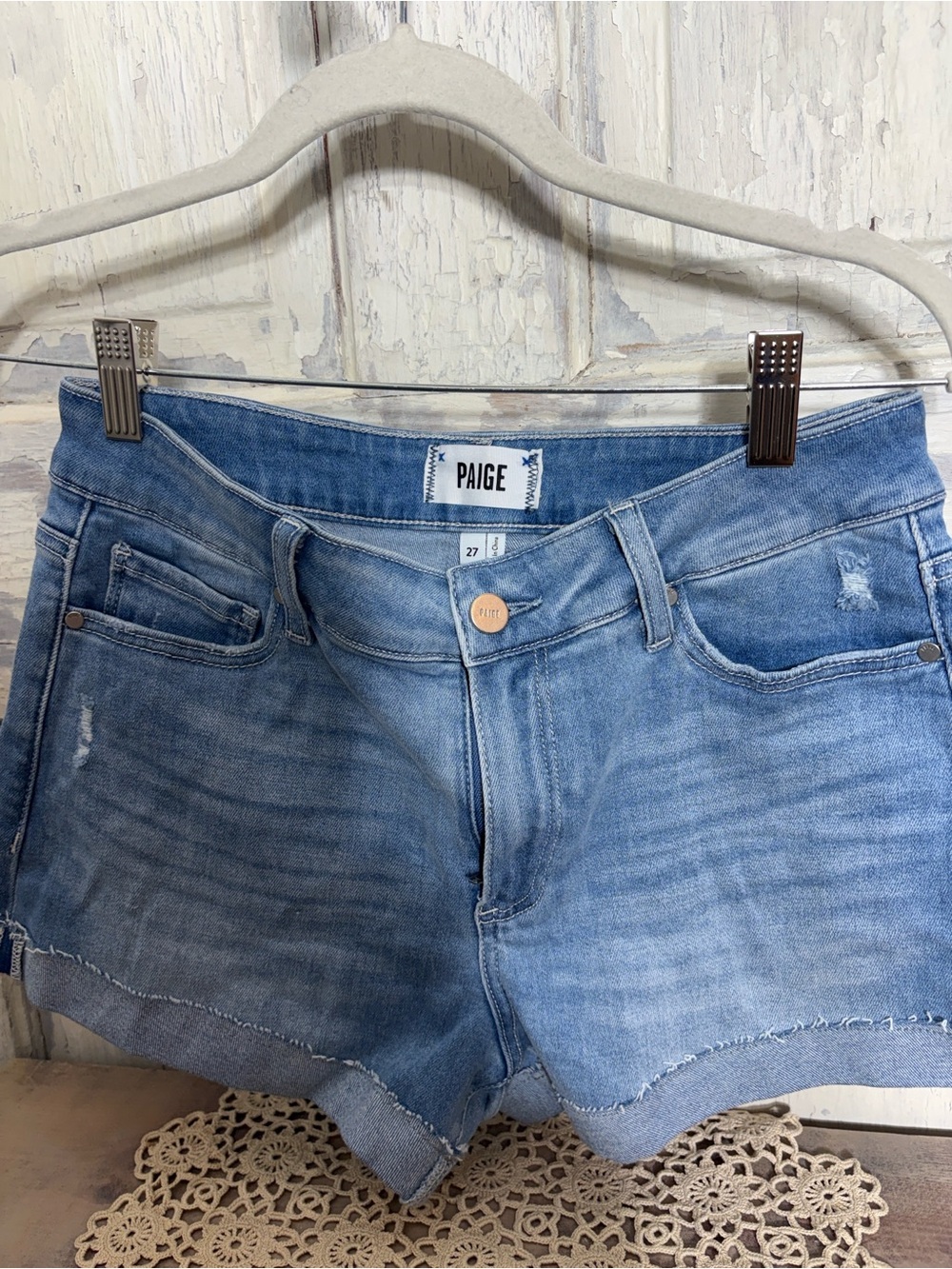 PAIGE Light Blue Distressed Denim Cutoff Shorts